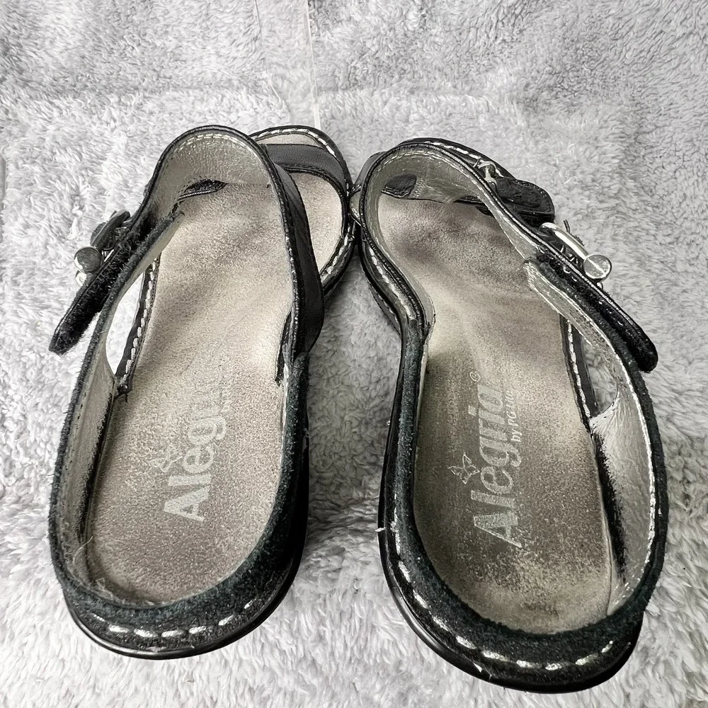 Alegria Lara Leather T Strap Sandals Womens Size 37 US 7 Black Adjustable